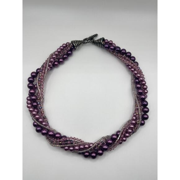Twisted Multi Strand Purple Beaded Faux Pearl Necklace 17" Statement Jewelry - Picture 1 of 8